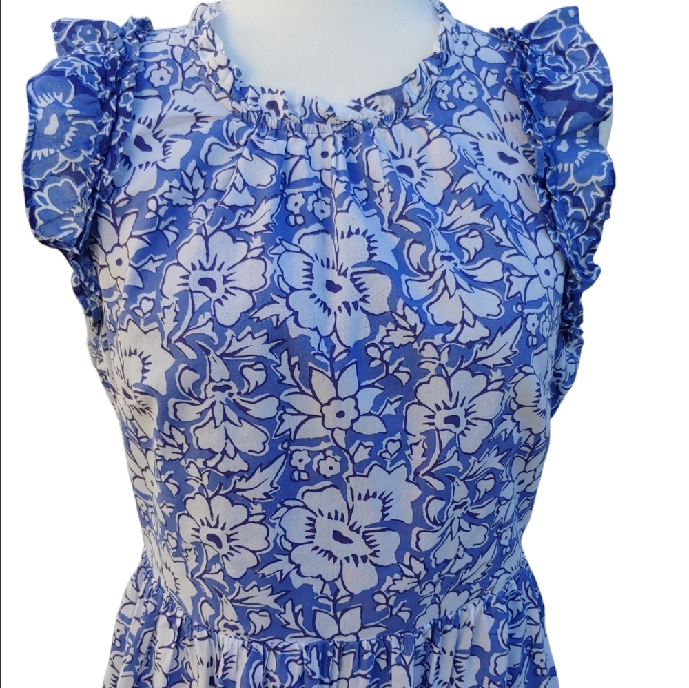 J. Crew Cotton Tiered Ruffle Midi Dress Blue Floral Women's size 10 - Picture 5 of 17